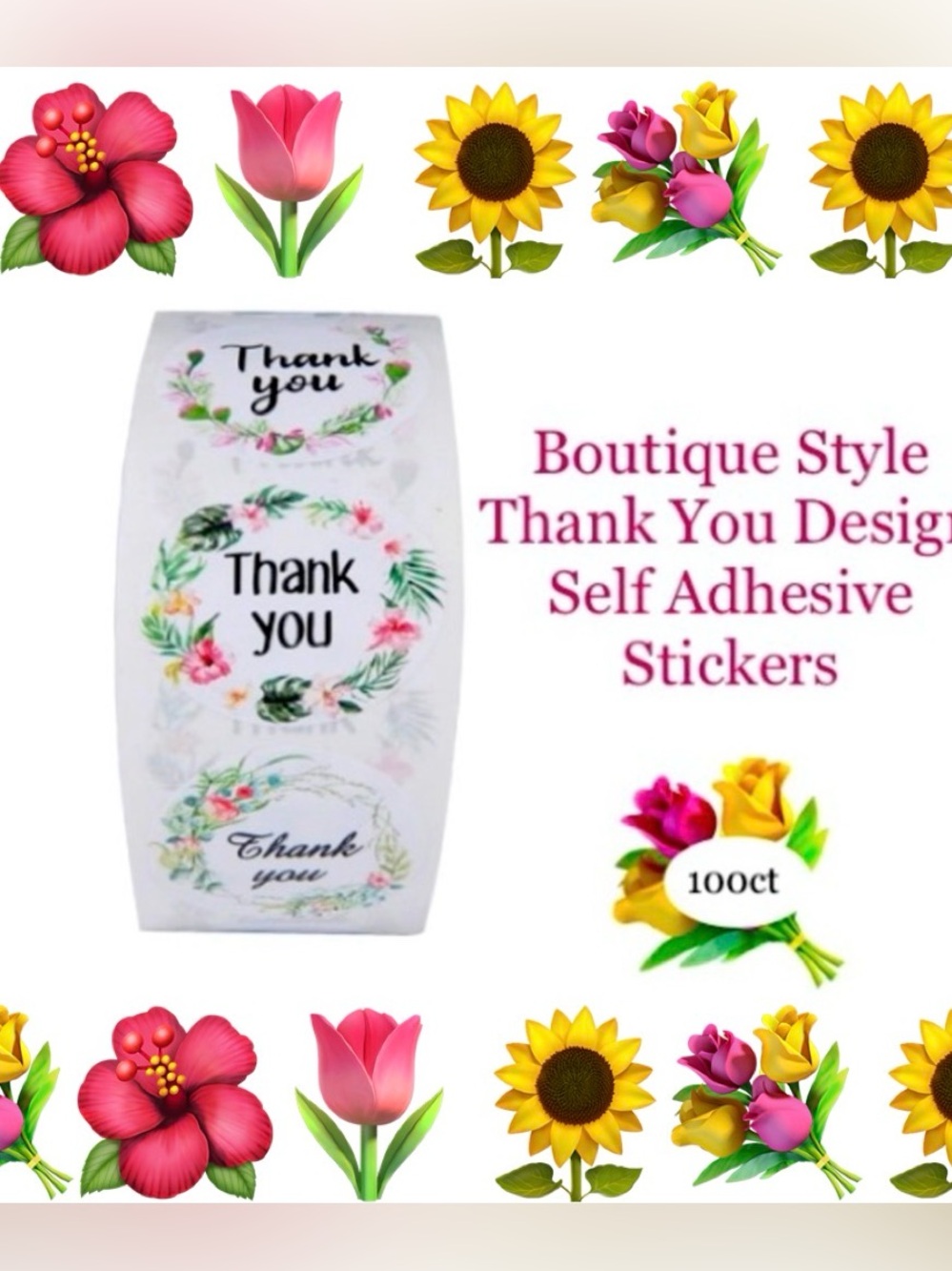 100ct~ 1” Thank You Design Stickers (Boutique) 💐🆕💐 (2 For $12)